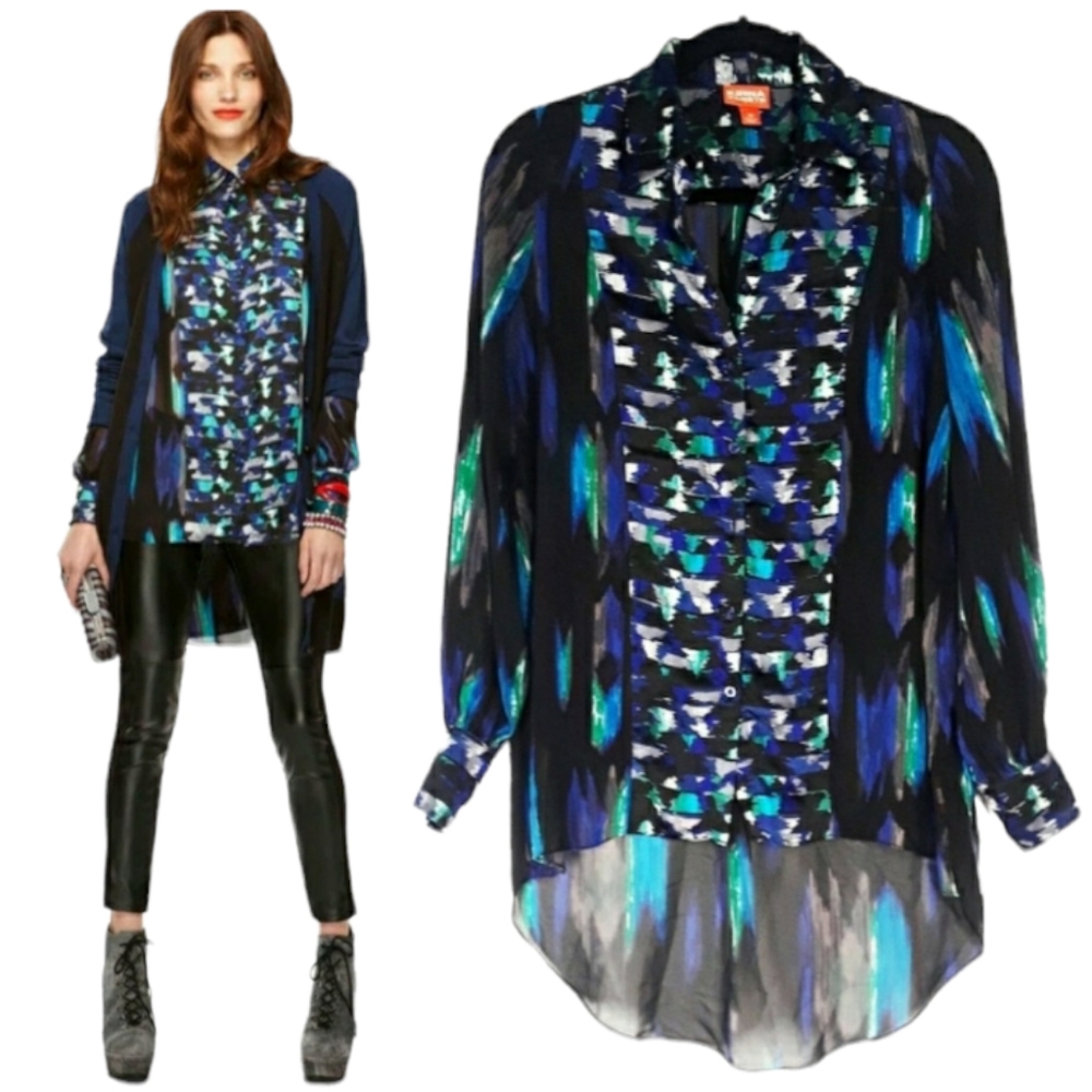 KIRNA ZABETE Blue Black Hi Low Ruffle Multi Print Top X-Small